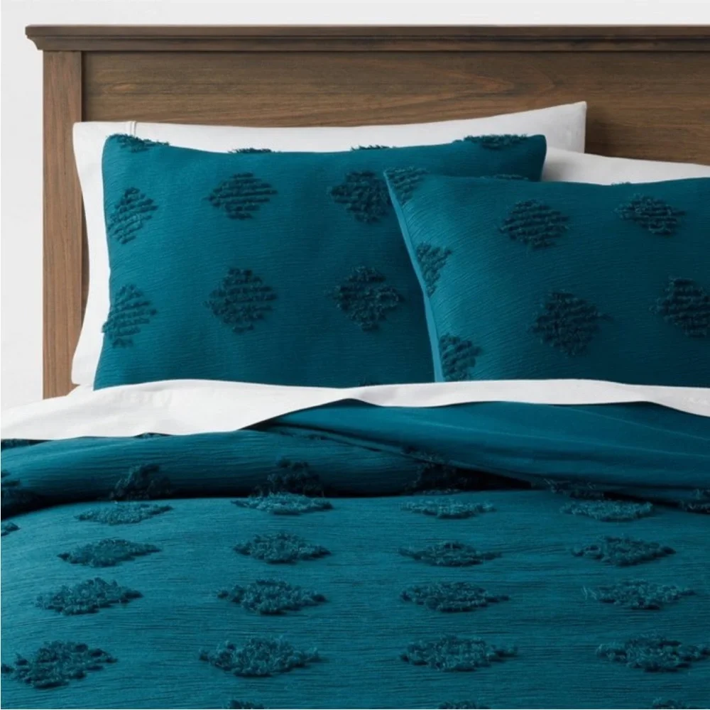THRESHOLD NWT tufted diamond crinkle duvet cover & sham set -dark teal blue -f/q